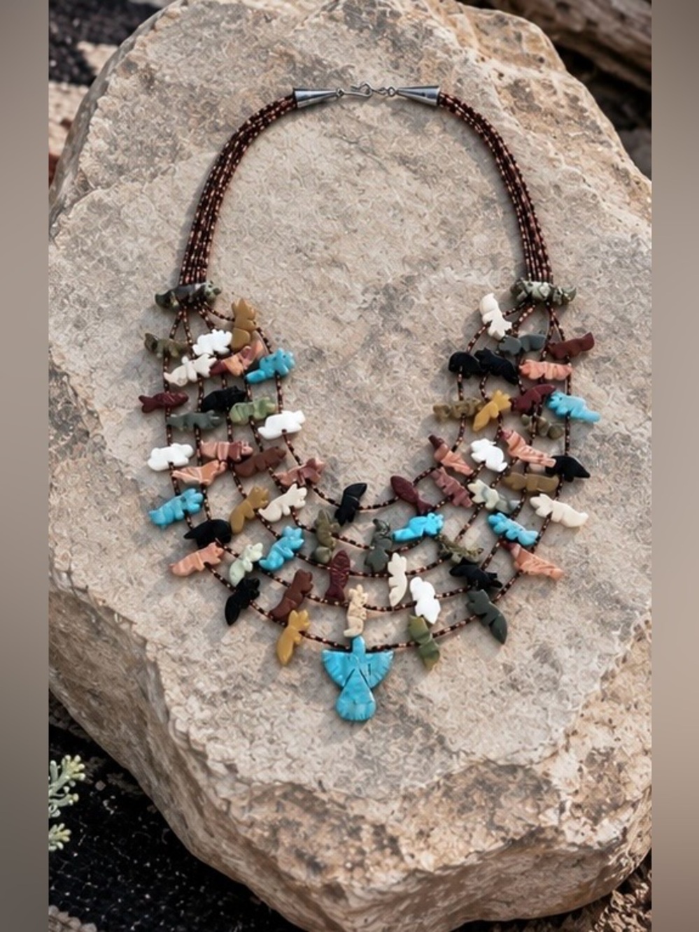 Zuni Native American Turquoise Multi Stone Multi Strand Beaded Fetish Necklace